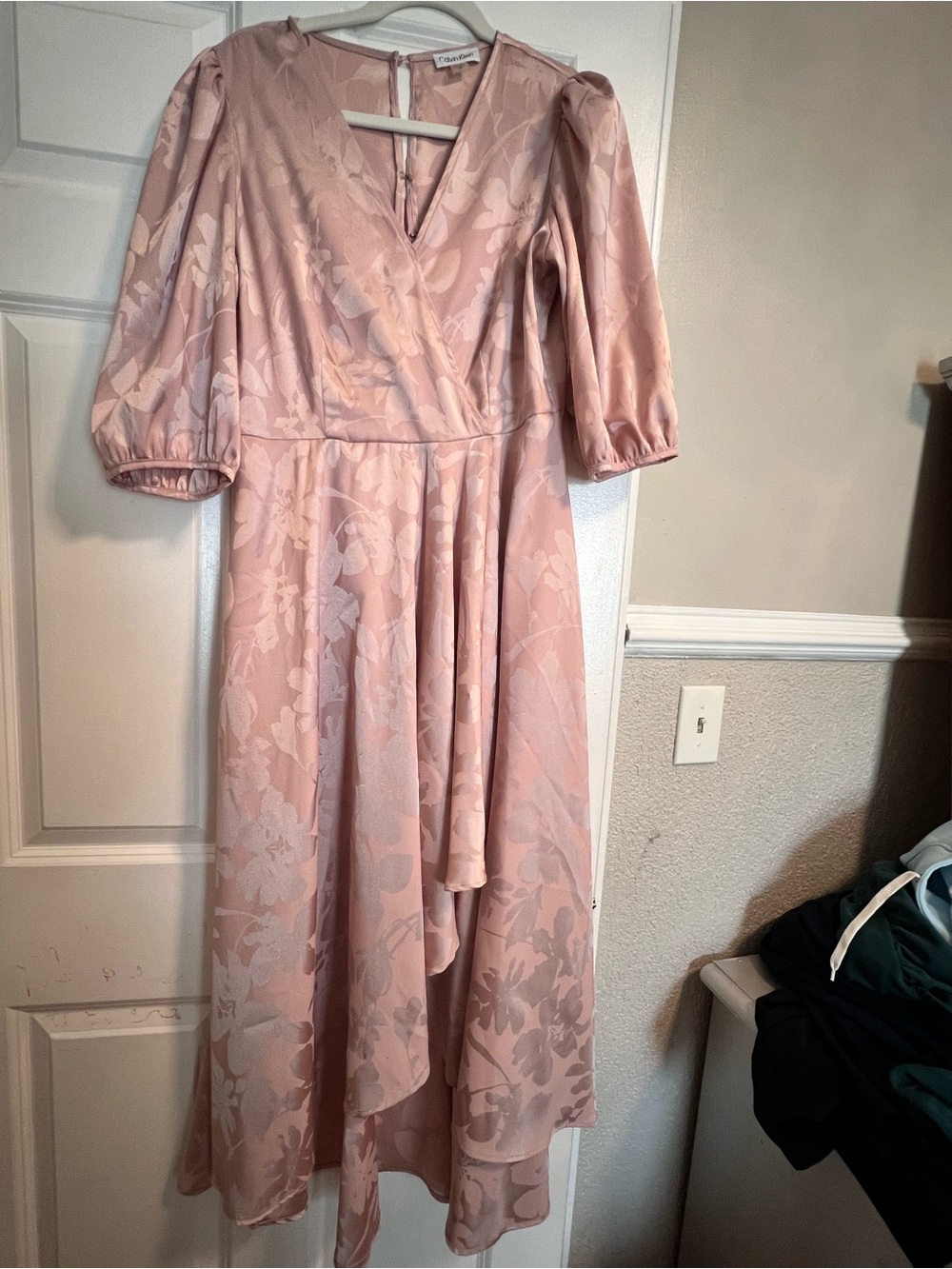 Calvin Klein Dusty Blush Floral High-Low Wrap Dress
